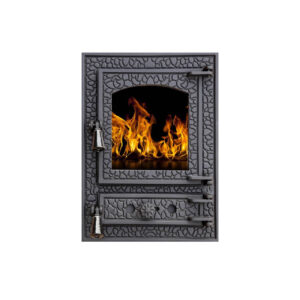 Ușă din fontă RUSTIC mic cu sticlă, cenușar și reglare putere flacără, 500x370 mm