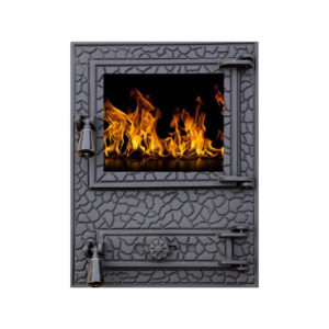Ușă din fontă RUSTIC mic cu sticlă, cenușar și reglare putere flacără, 500x370 mm