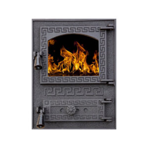 Ușă din fontă VERSACE cu sticlă, cenușar și reglare putere flacără, 485x365 mm