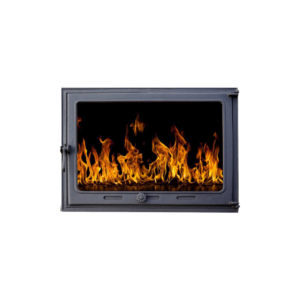 Ușă de șemineu STIL 75 730×540 mm cu sticlă mare 620×398 mm, reglare putere flacără, maner ceramic și șiret termorezistent – dimensiuni montaj 650×450 mm