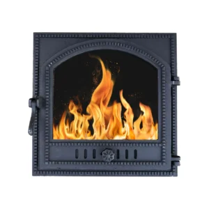 Ușă din fontă STIL cu sticlă și reglare putere flacără, 480x480 mm