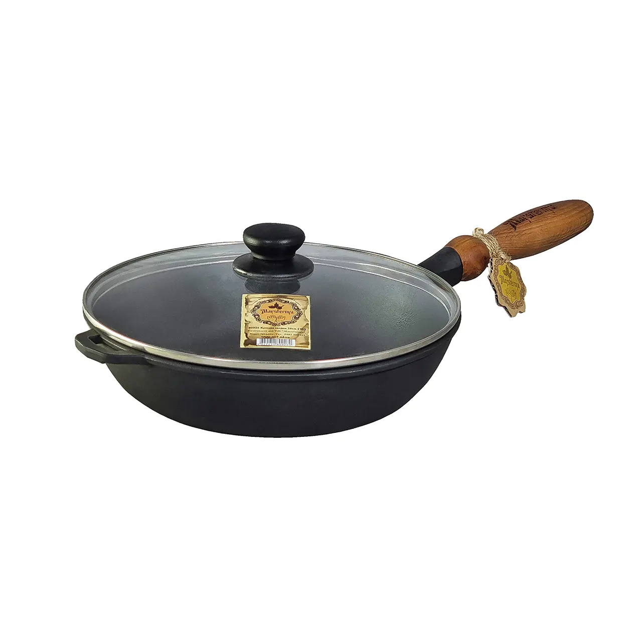 Tigaie din fontă cu mâner de lemn și capac de sticlă 28x6cm cod produs T306C3