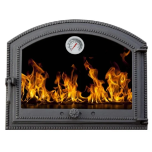 Ușă din fontă Barbeque 57x47 cm cu geam termorezistent și termometru integrat până la 500 °C. Ideală pentru cuptoare, sobe și șeminee – control precis al temperaturii.