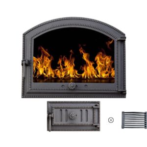Pachet accesorii din fontă cu ușă șemineu cu geam termorezistent, cenușar și grătar pentru șemineu sau cuptor de grădină