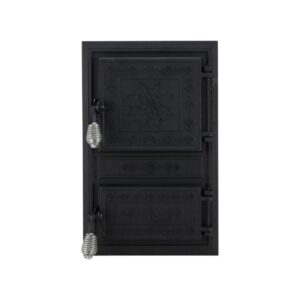 Ușă de sobă monobloc din fontă cu motive românești decorative și design rustic autentic