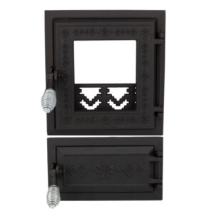 Ușă sobă cu geam și cenușar din fontă cu motive românești 275×255 mm